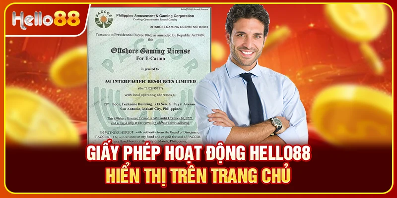 Giấy phép hoạt động Hello88 hiển thị trên trang chủ